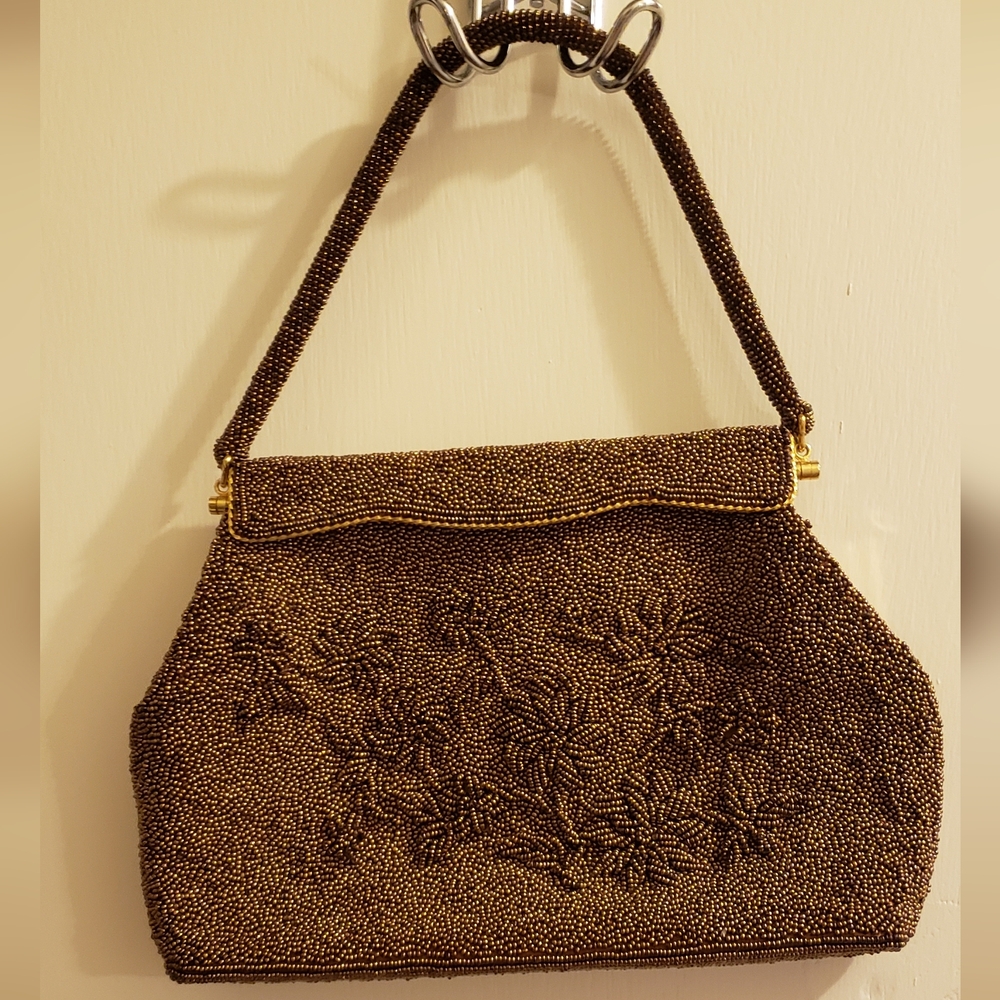 Mid-Century Metallic Bronze Hand Beaded Evening Purse